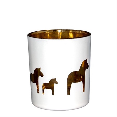 Ljuslykta Dalahäst vit/guld 7x8cm